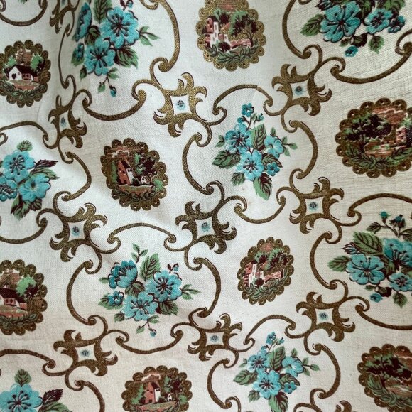 Vintage 60s curtain, pleated or rod pocket, gold teal medallion floral panels - Picture 2 of 6